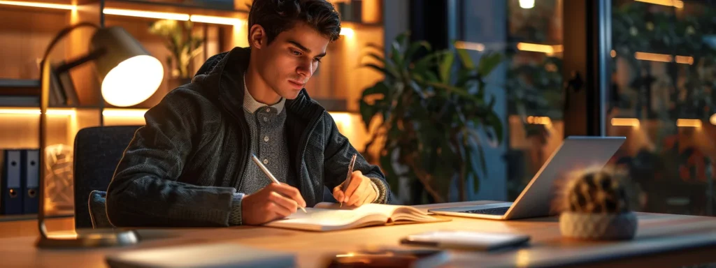 a content writer confidently crafting engaging and persuasive words at a sleek modern desk with a notebook and pen.
