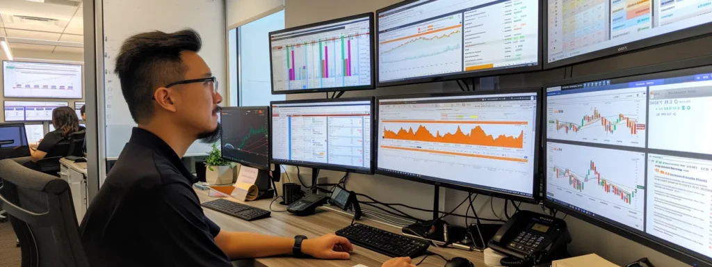 a filipino google ads specialist analyzing campaign performance on multiple screens in a modern office setting.