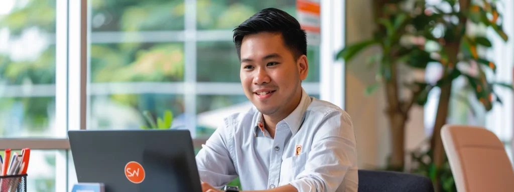 a filipino virtual assistant confidently selects wise over payoneer, with a laptop showing the wise logo in the background.