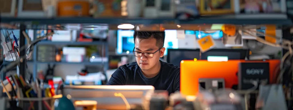 a focused filipino virtual assistant working diligently at a sleek modern desk surrounded by digital marketing tools and a glowing computer screen.