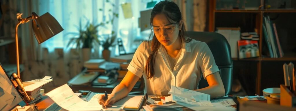 a focused filipino virtual assistant diligently organizing a desk cluttered with paperwork and digital devices in a well-lit office setting.